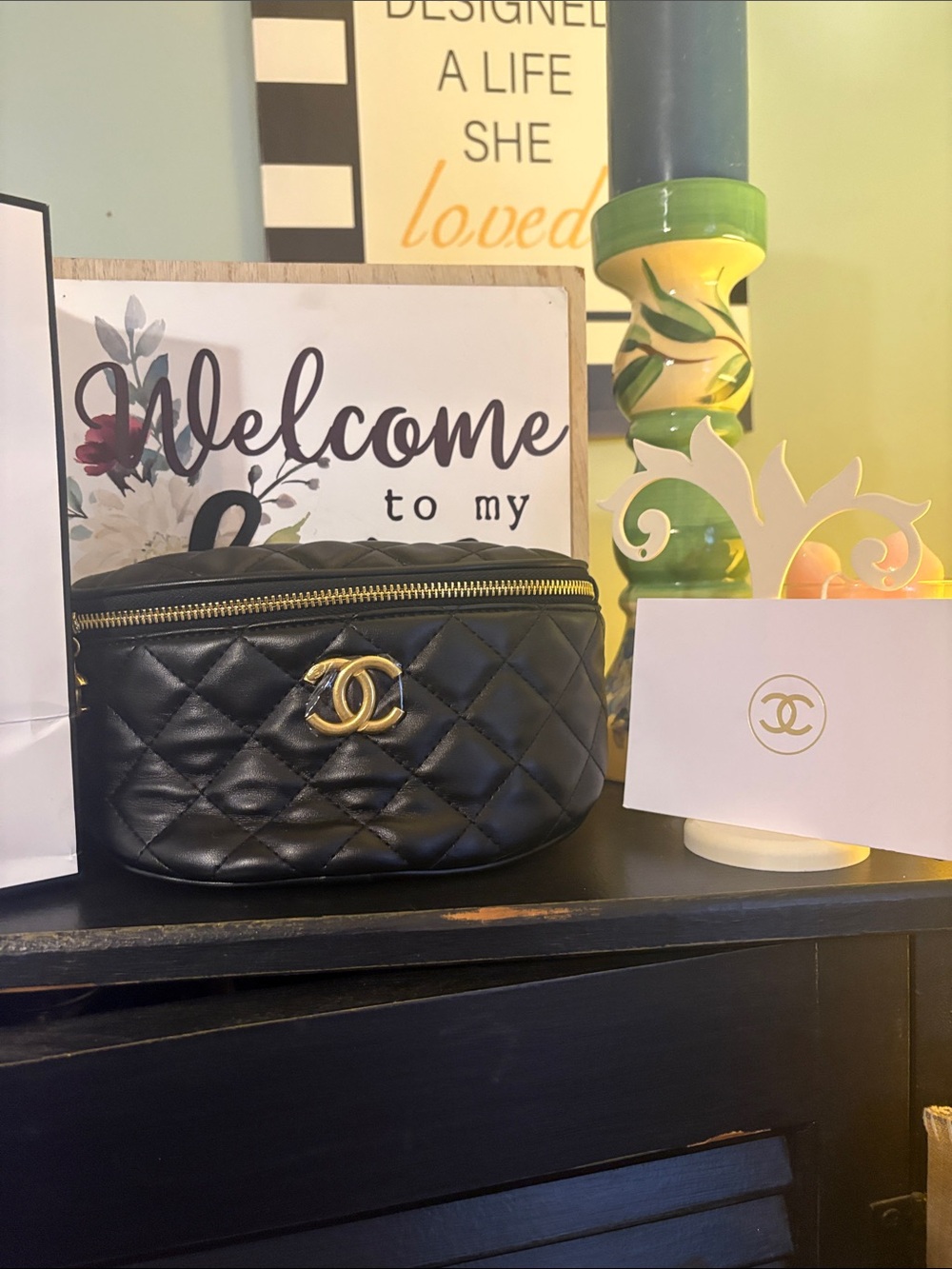Not Authentic CHANEL Black Quilted Leather Vanity Pouch with Gold CC Emblem